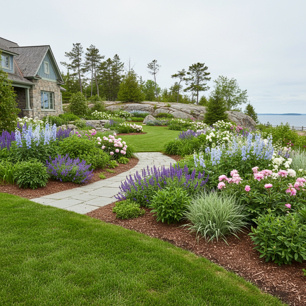 Established perennial garden with stone walkway and maintained green lawn at a Collingwood property