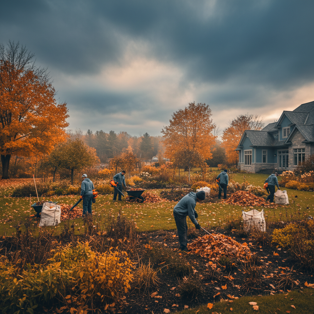Professional fall garden winterization with leaf cleanup and perennial cutback