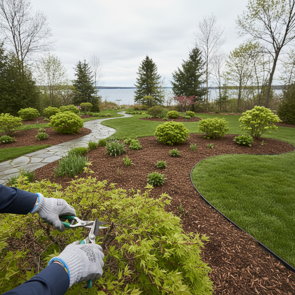 Professional spring garden cleanup with fresh mulch, pruned beds, and emerging perennials