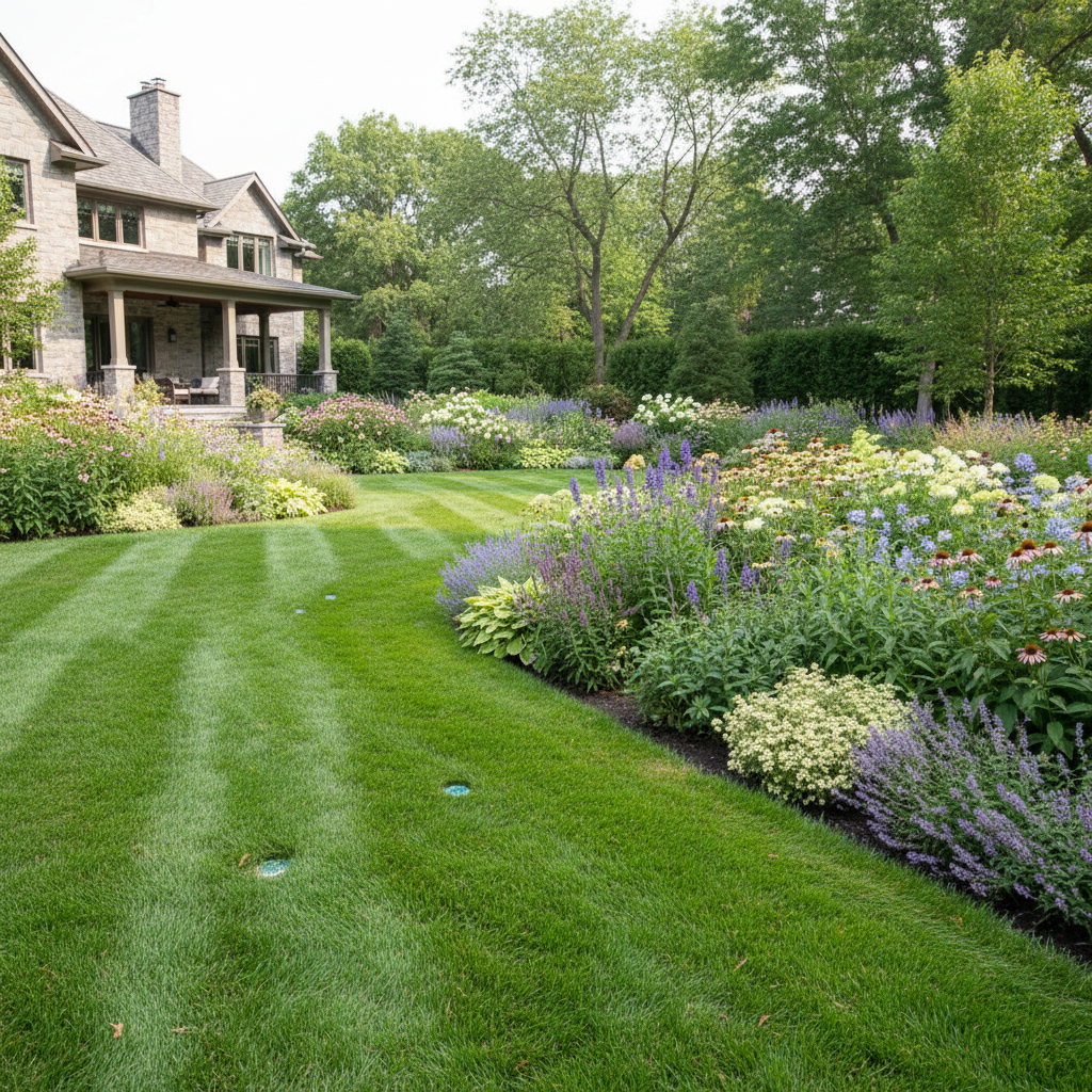 Maintained summer garden with lush lawn and well-tended perennial flower beds