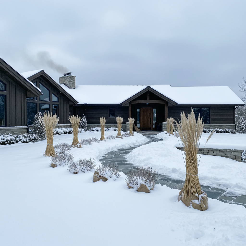 Properly winterized property with protected plantings and clear pathways