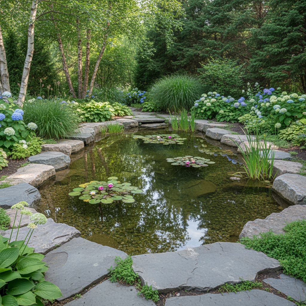 Pondless waterfall with natural boulders in an Ontario garden