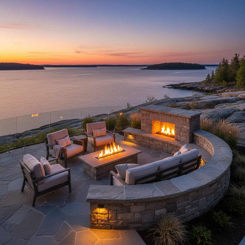 Stone fire feature at dusk with seat wall and warm evening atmosphere