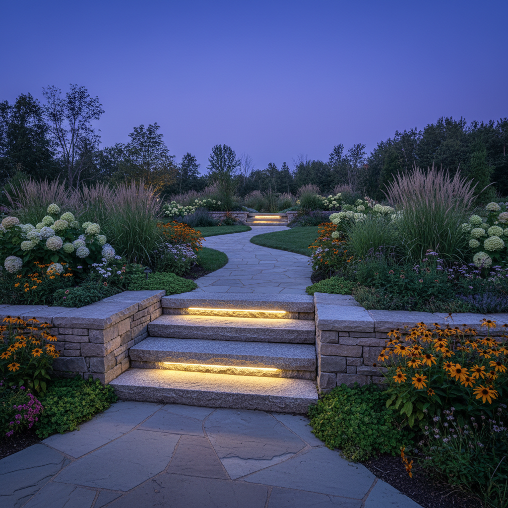 Garden pathway with granite treads and integrated LED riser lighting between terraces