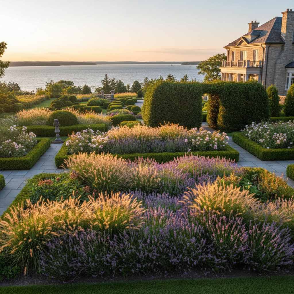 Formal landscape plantings framing Georgian Bay views with mature perennials and evergreens