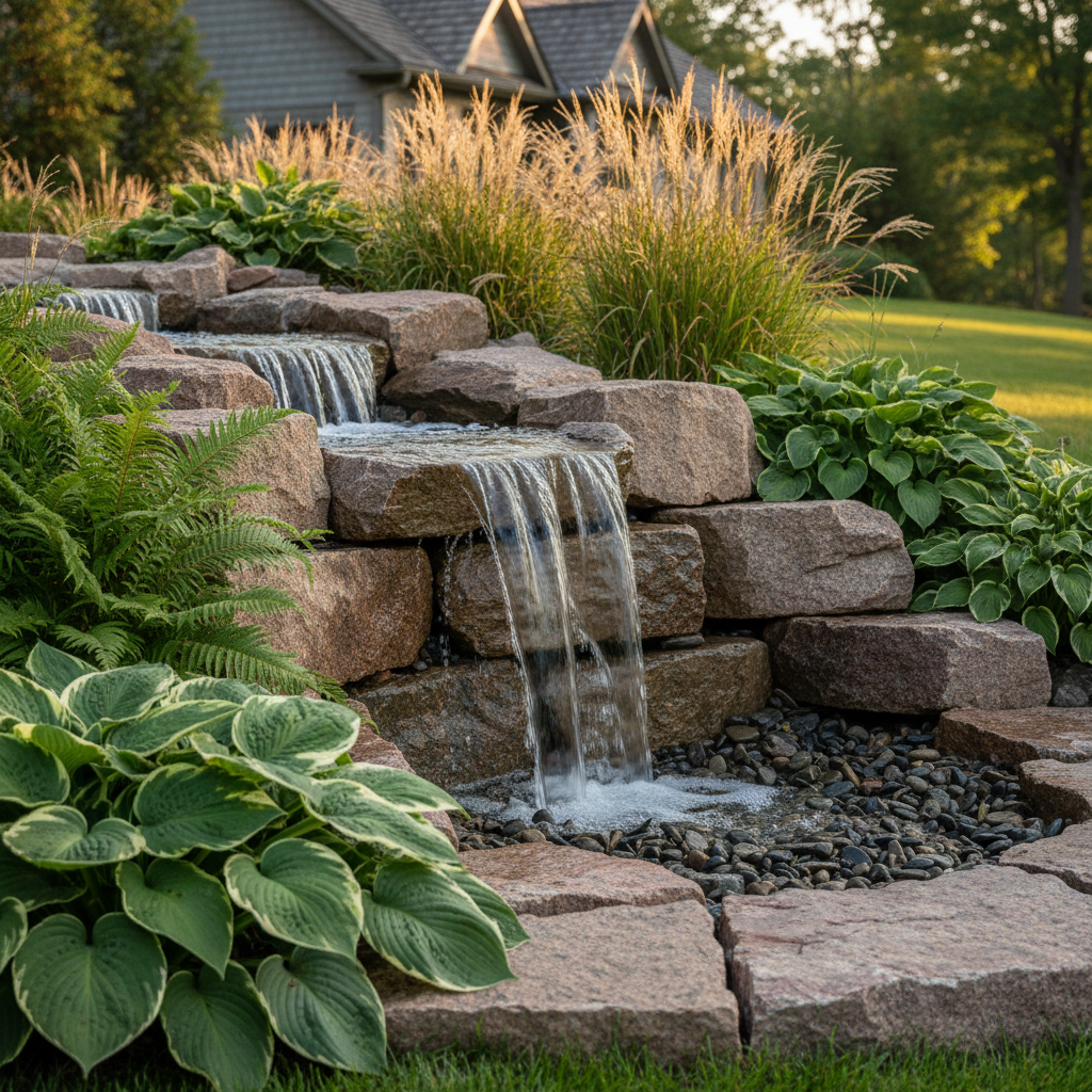 Pondless waterfall cascading over Muskoka granite boulders with surrounding plantings