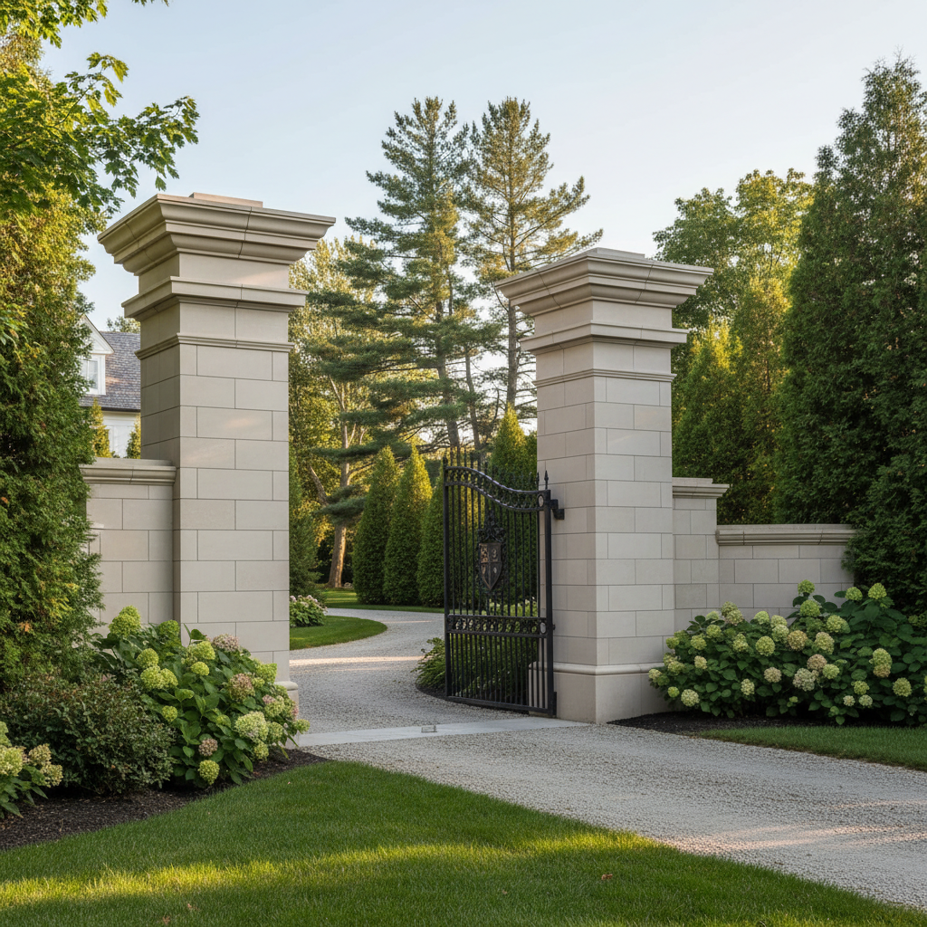 Custom natural stone column and gate pillar at an estate property entry with framing landscape plantings