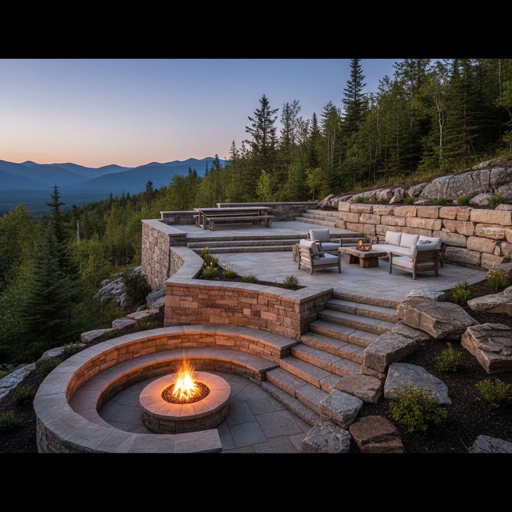 Natural stone fire pit with glowing flames and stone seating wall on a Georgian Bay property at evening