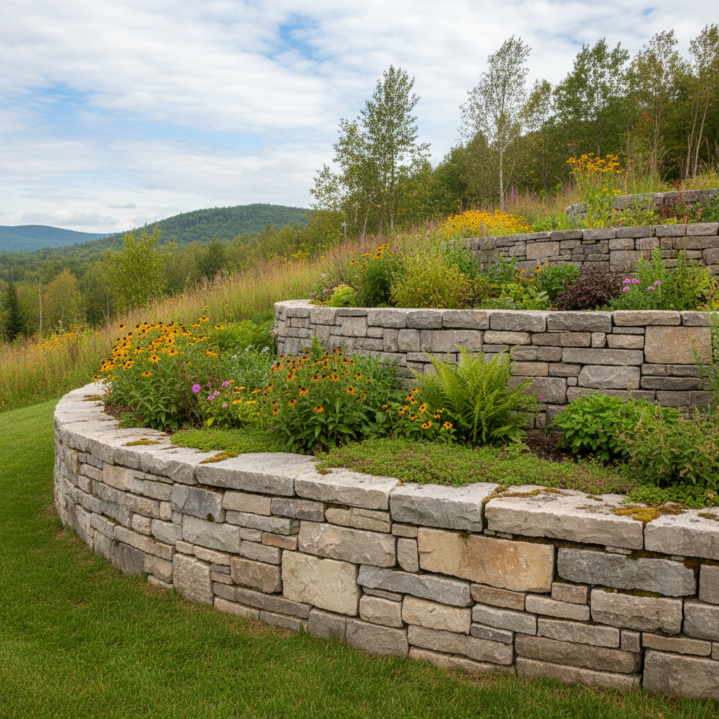 Natural stone retaining wall with deliberate coursing and garden plantings on a Blue Mountains terraced property