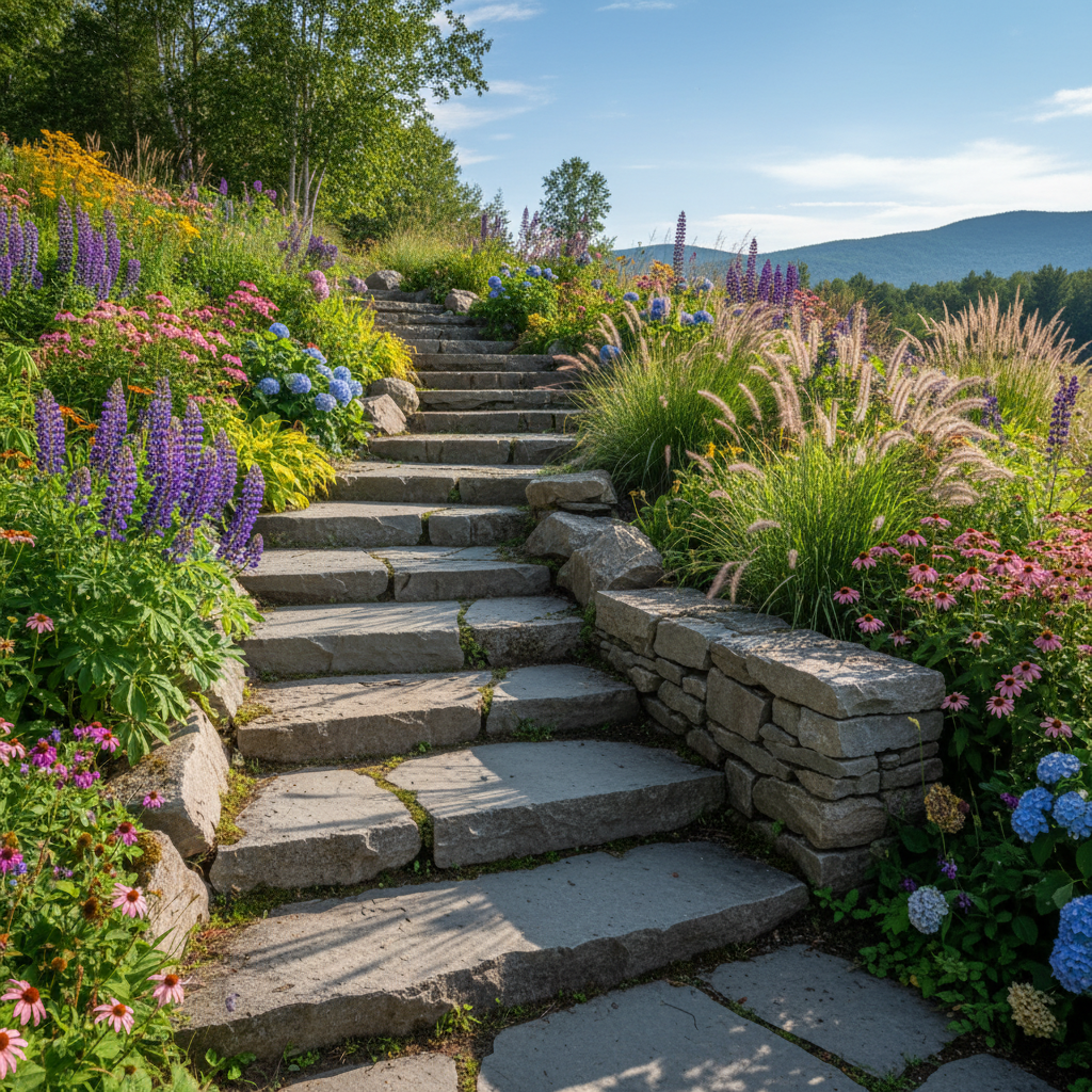 Natural stone steps descending a hillside through garden plantings with hand-cut treads on a Blue Mountains property