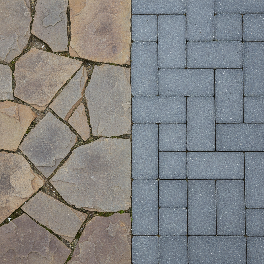 Natural stone and interlock paver surface comparison showing texture and finish differences