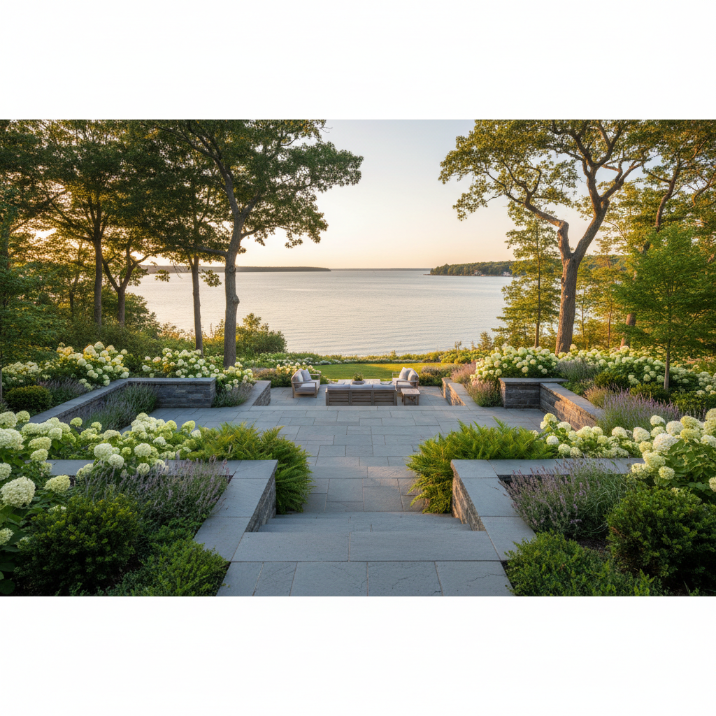 Grand estate landscape design by Retreat Landscape - symmetrical hardscape pathways with perennial beds and lake view