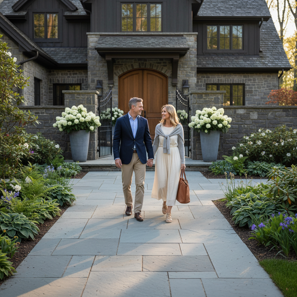 Thornbury arrival landscape - grand home entrance with refined hardscape, flowering planters, and landscape design