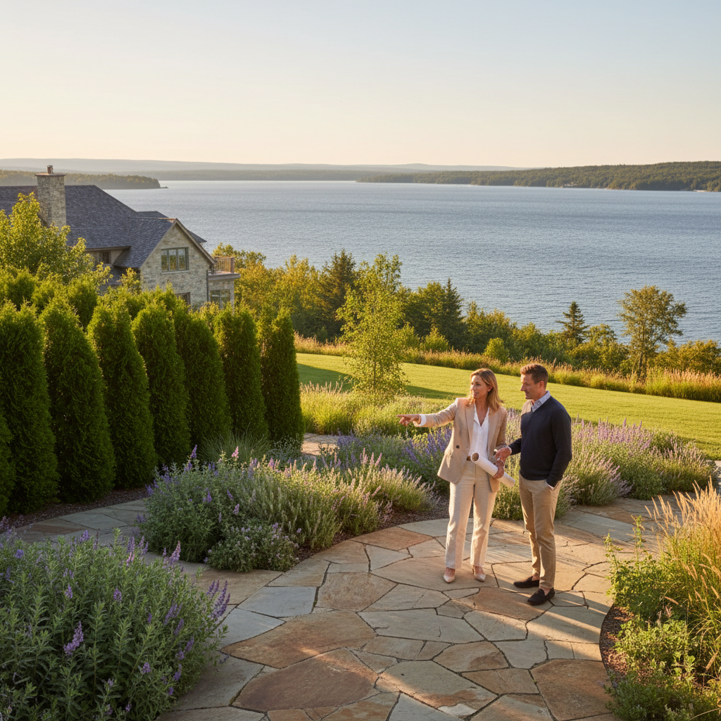 Landscape designer and client walking stone pathway during on-site consultation in Collingwood
