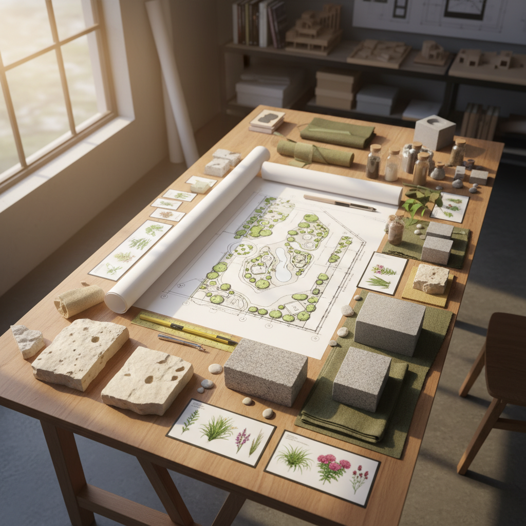 Landscape design plan with material samples at Retreat Landscape Design studio