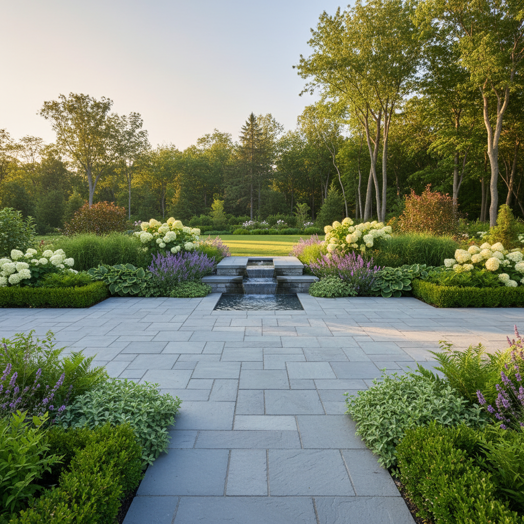 Completed landscape project with stone patio and integrated plantings at golden hour