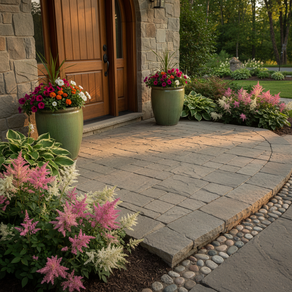 Stone landing zone at the Thornbury front door with seasonal planters and layered planting beds in full bloom