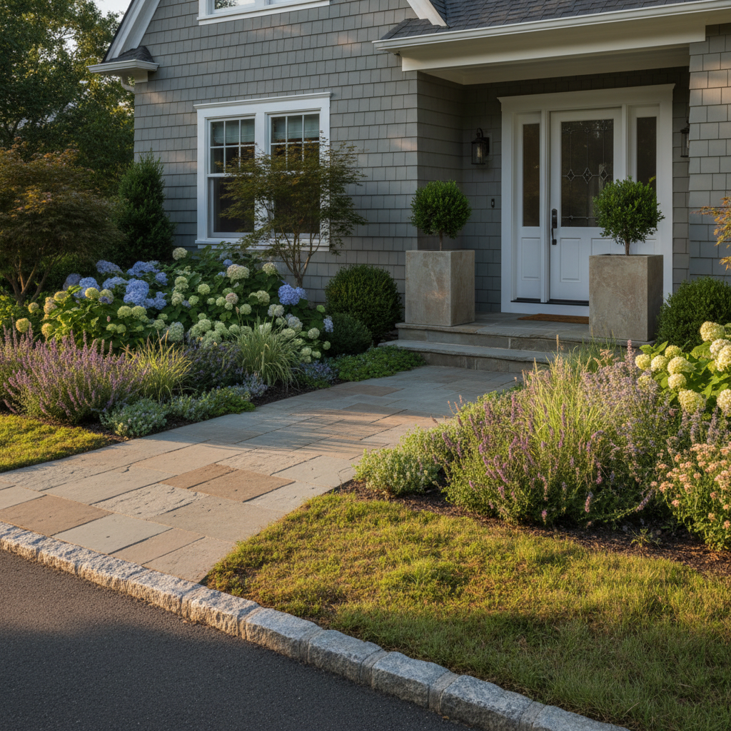 Three-quarter view of the Thornbury arrival landscape showing the full walkway curve, planting beds, and entry threshold planters