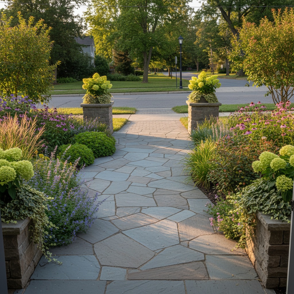 Thornbury arrival landscape viewed from the front door looking toward the street showing the curved walkway and flanking plantings