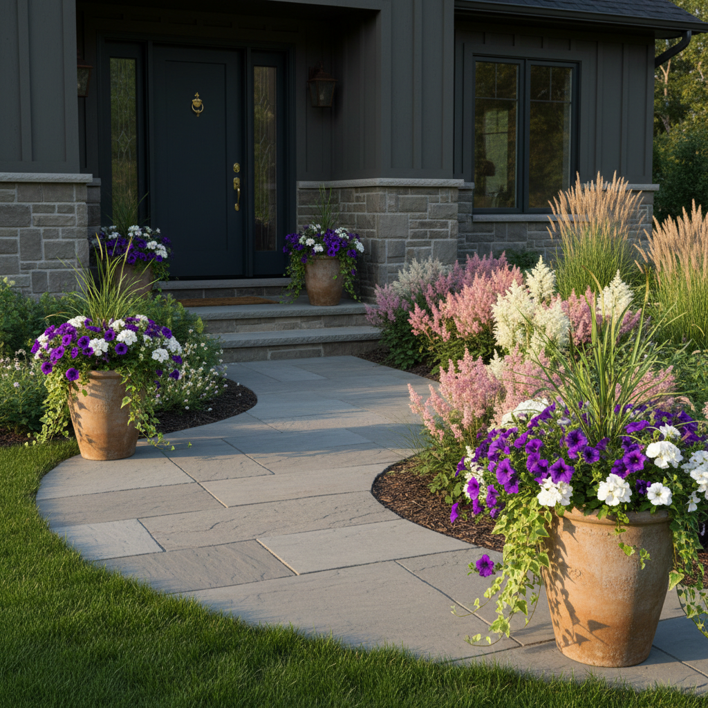 Thornbury arrival landscape with stone pathway and curated front entry plantings