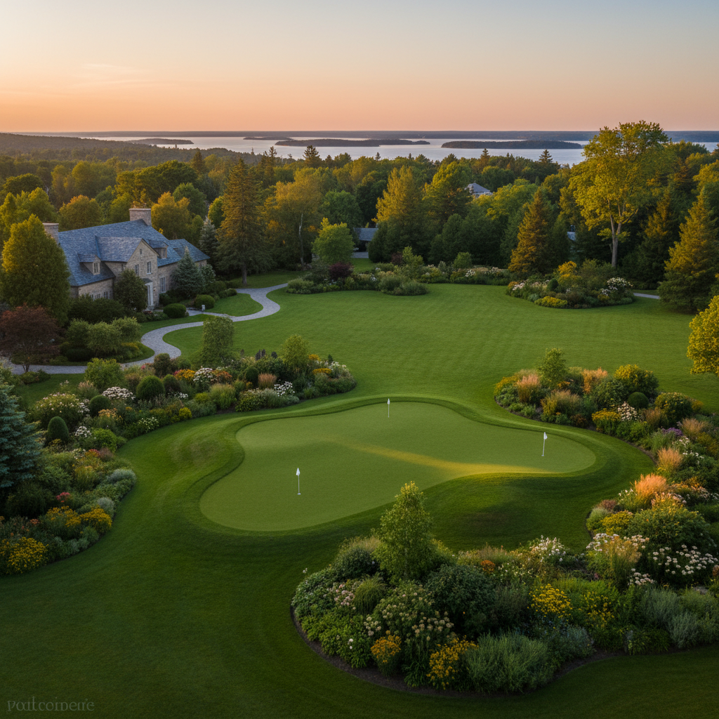 Estate property with pristine lawn and putting green surrounded by garden beds and mature plantings at golden hour