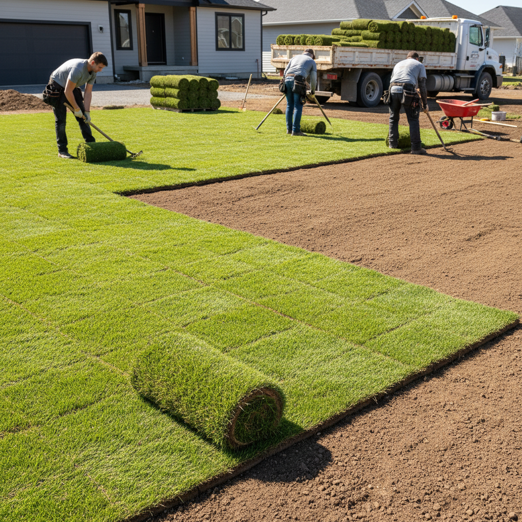 Fresh sod rolls being laid on a prepared soil base with topsoil layers visible