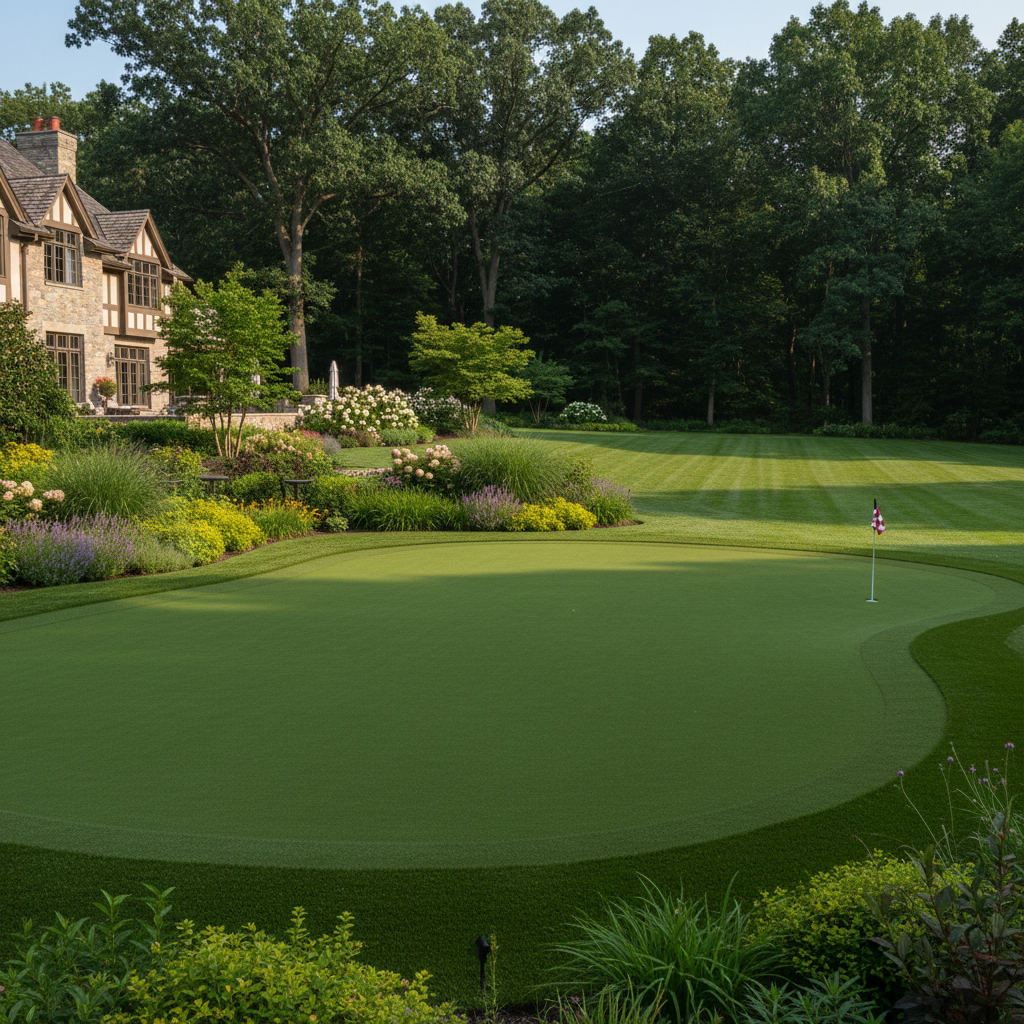 Residential putting green with flag integrated into estate landscape with surrounding plantings