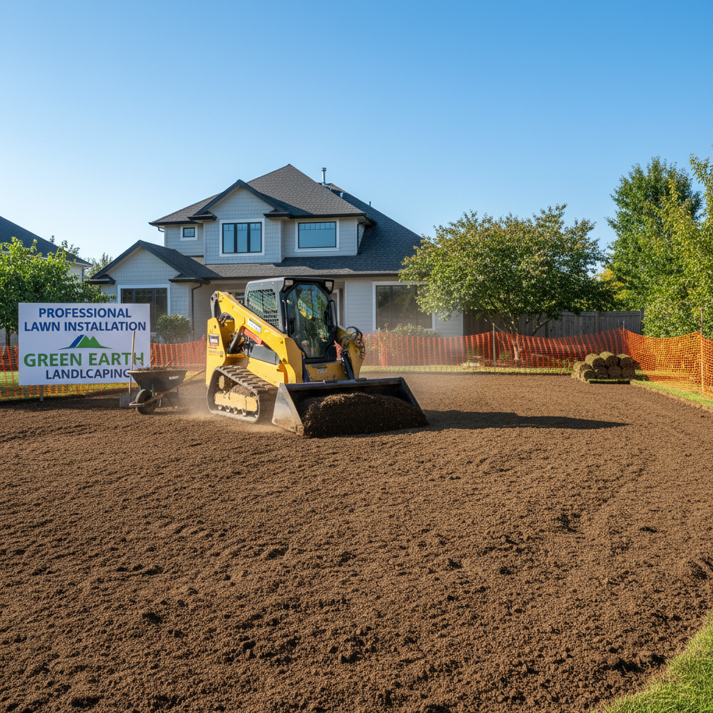 Soil preparation and topsoil amendment being spread on prepared subgrade before turf installation