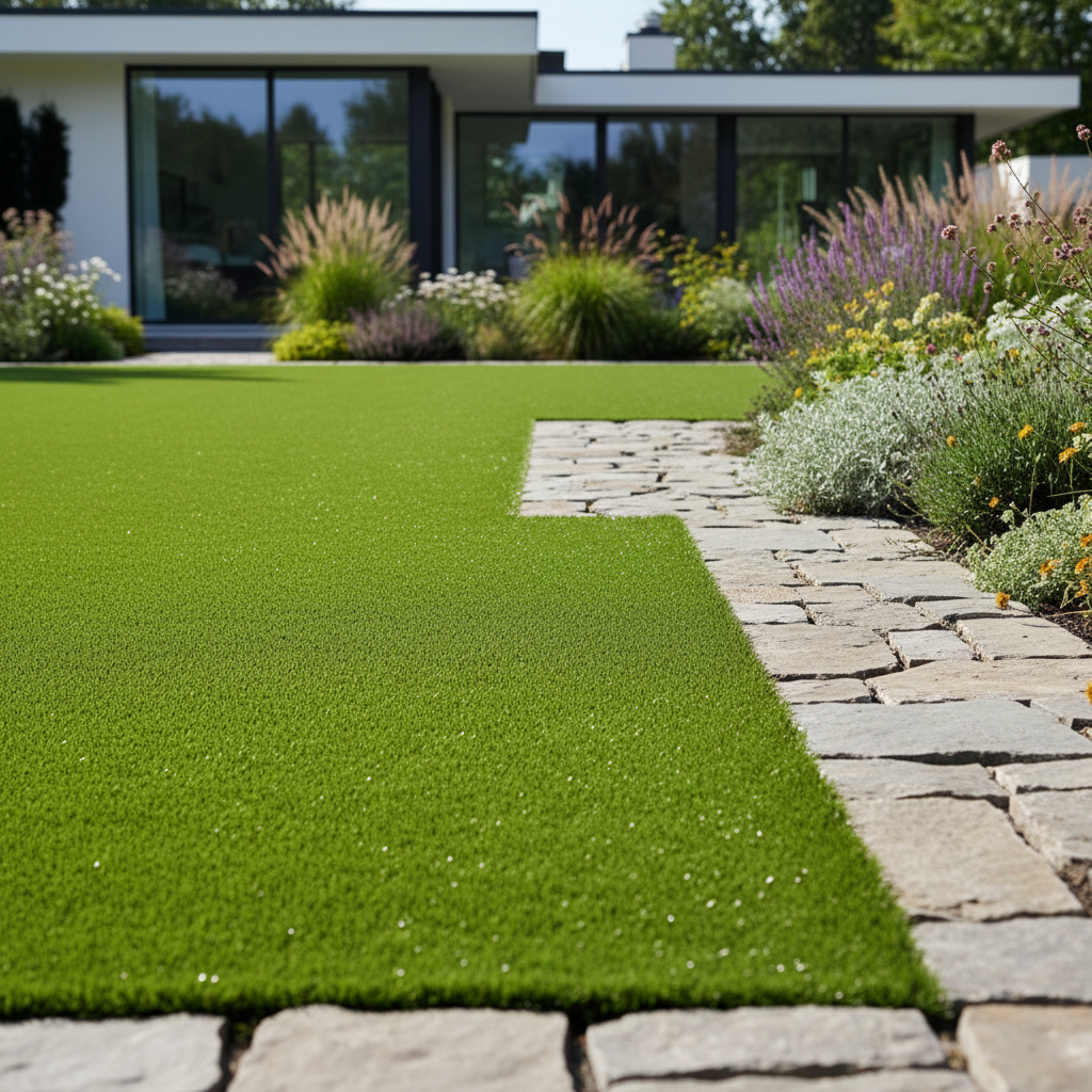 Synthetic turf installation with clean stone border edges and surrounding landscape plantings