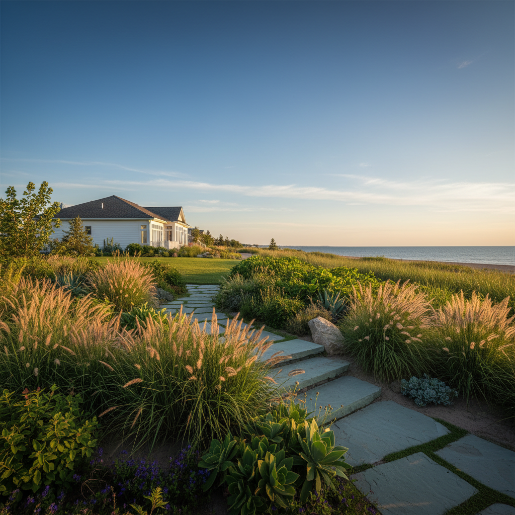 Finished Wasaga Beach landscape with hardscaping and lush plantings under bright open summer sky
