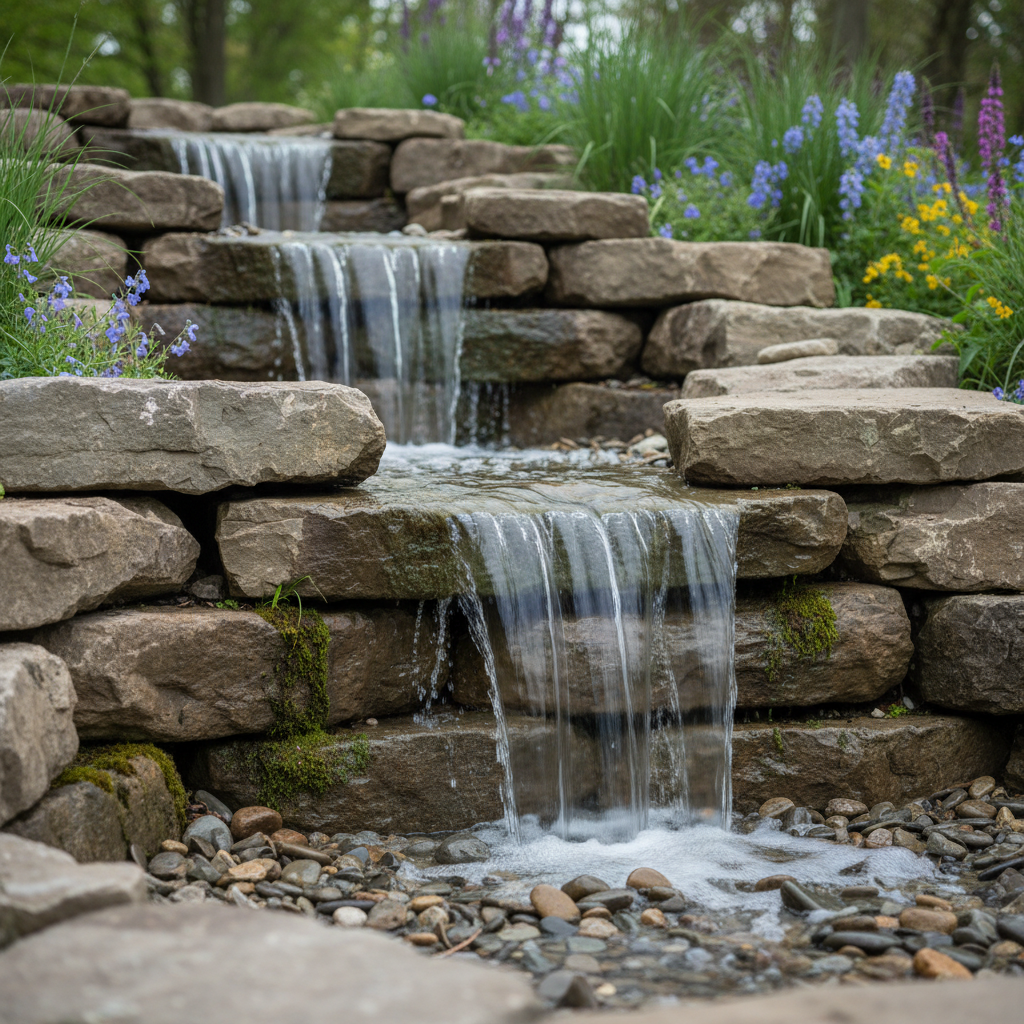 Pondless waterfall with natural stone showing the cascade and craftsmanship of the installation