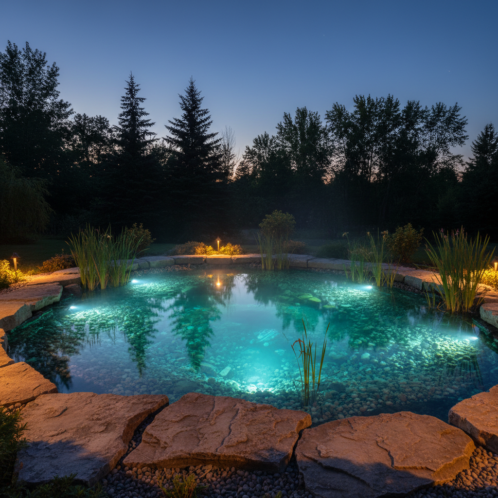 Illuminated ecosystem pond at dusk with warm landscape lighting reflecting off the water surface