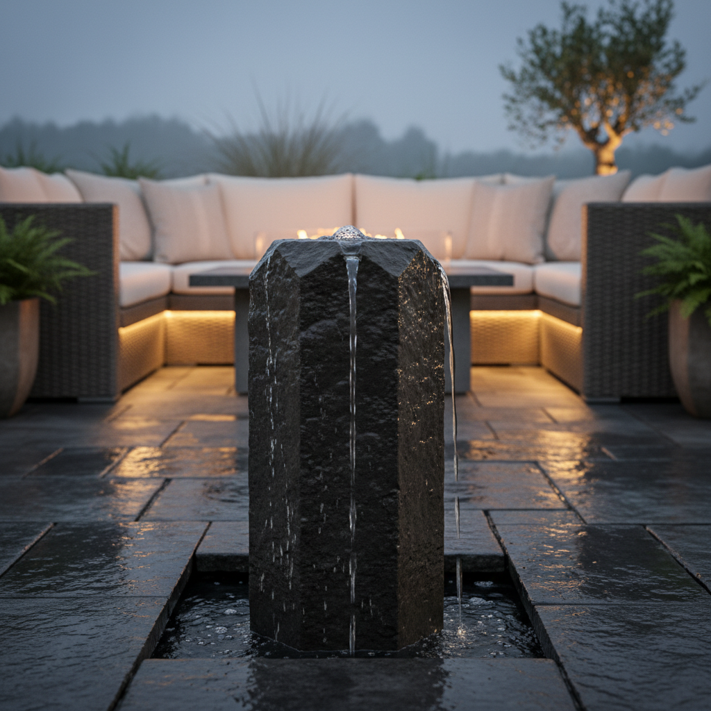 Bubbling basalt column on a stone patio at dusk with warm evening lighting