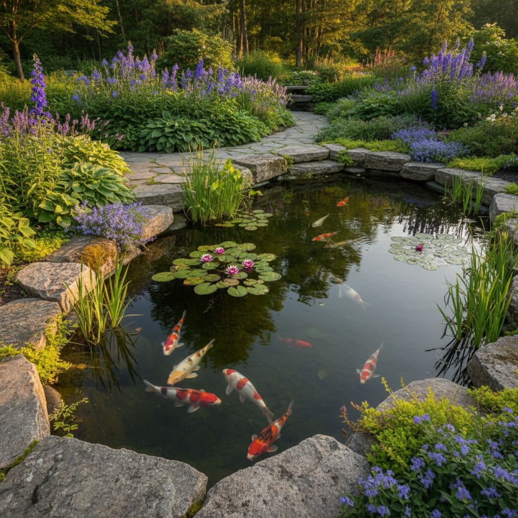 Ecosystem koi pond with natural stone edges and aquatic plantings on a Collingwood property