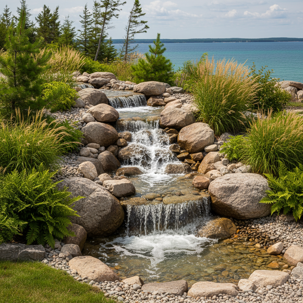 Pondless waterfall over natural stone boulders on a sloped Georgian Bay property
