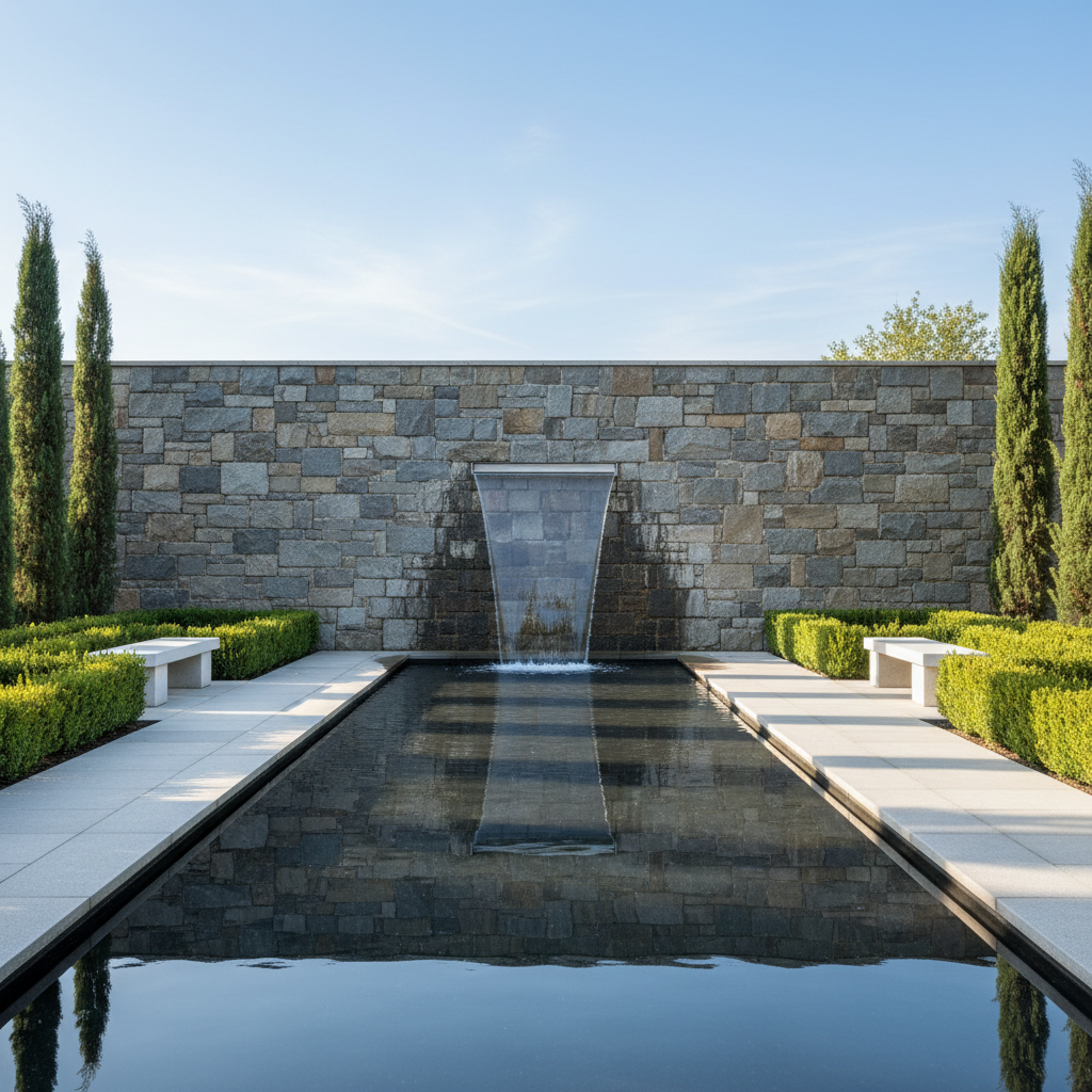 Formal sheer descent spillway in stone wall with reflecting pool and architectural hardscaping